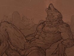 abs animal_genitalia anthro balls biped breath canid canine canis genitals hi_res howl male mammal muscular muscular_anthro muscular_male night nude s_anima sheath solo star wolf