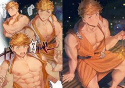 abs blonde_hair_male blush boob_window embarrassed granblue_fantasy higashigunkan looking_at_viewer male_only muscular_male nipples nipslip pecs solo_male summer_festival vane_(granblue_fantasy) yukata