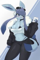 1girls :p absurd_res blue_eyes blush clothing eeveelution female female_only glaceon holding_phone looking_at_viewer nintendo phone pokémon_(species) pokemon pokemon_(species) pokemorph solo sunglasses sunglasses_on_head yoru_vida