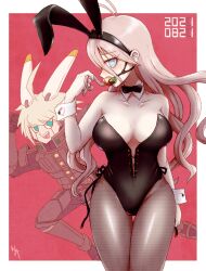 1boy 1girls ahoge ball_gag blonde_hair blue_eyes blush bowtie breasts bunny_ears bunnysuit carrot carrot_gag cleavage collar corset danganronpa danganronpa_v3 detached_collar embarrassed female gag h9_st iruma_miu kiibo leggings leotard looking_at_viewer male new_danganronpa_v3 rabbit_ears robot simple_background straight_hair sweat white_hair