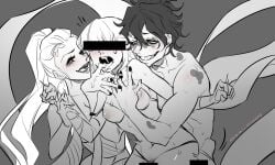 1boy 2girls ambiguous_penetration black_bar daki_(kimetsu_no_yaiba) demon_slayer drooling female_self_insert finger_in_another's_mouth groping gyutaro kimetsu_no_yaiba looking_at_another mummi_milkers naked no_color rape saliva_string sweat threesome y/n