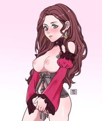 1girls blush bottomless breasts breasts_out brown_hair covering covering_crotch dorothea_arnault ear_piercing earrings female female_only fire_emblem fire_emblem:_three_houses green_eyes intelligent_systems long_hair mogstar nintendo nipples partially_clothed pink_background plain_background post-timeskip sleeves watermark