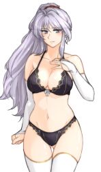 1girls absurdres ass_visible_through_thighs bare_shoulders belly_button black_bra black_panties black_underwear blushed bra breasts cleavage collarbone female female_only fingerless_gloves fire_emblem fire_emblem:_genealogy_of_the_holy_war gloves grey_hair highres hourglass_figure ishtar_(fire_emblem) large_breasts long_hair looking_at_viewer nintendo panties ponytail purple_eyes simple_background solo thighhighs thighs transparent_background tridisart underwear very_long_hair