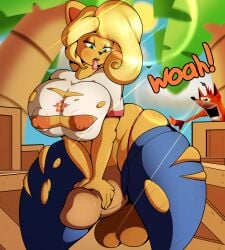 1futa activision anthro big_breasts breasts coco_bandicoot crash_(series) crash_bandicoot crate crazedwd futanari genitals hi_res intersex nipples penis thick_thighs video_games