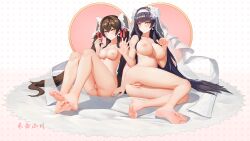 2girls absurdres anus bangs bare_legs bare_shoulders barefoot black_hair blush breasts bridal_veil bride brown_hair closed_mouth collarbone earrings feet flower full_body girls'_frontline hair_flower hair_ornament hair_ribbon hairband heart heart-shaped_pupils hebai_xiaochuan highres jewelry lactation large_breasts legs lips long_hair looking_at_viewer medium_breasts multiple_girls nail_polish necklace nipples no_shoes nude official_alternate_costume on_floor pink_nails polygamy pregnant pussy red_ribbon ribbon ring simple_background sitting smile soles symbol-shaped_pupils thighs toes type_95_(girls'_frontline) type_95_(prairie_gentian_and_her_season)_(girls'_frontline) type_97_(girls'_frontline) type_97_(prayers_in_the_wind)_(girls'_frontline) veil very_long_hair wedding_ring white_hairband white_ribbon white_veil yellow_eyes