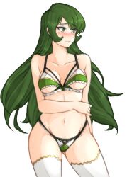 1girls absurdres alternate_costume arm_under_breasts ass_visible_through_thighs bangs bare_shoulders blush bra breasts cleavage cowboy_shot erinys_(fire_emblem) female female_only fire_emblem fire_emblem:_genealogy_of_the_holy_war frilled_bra frills green_eyes green_hair green_panties higher_resolution_duplicate highleg highleg_panties highres long_hair looking_to_the_side medium_breasts navel nintendo panties png revealing_clothes simple_background skimpy_clothes solo stockings thighhighs thighs transparent_background tridisart underboob underwear white_panties