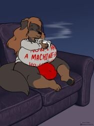 2022 5_toes anthro barefoot big_breasts black_nose breasts brown_body brown_hair bulge canid canine canis closed_eyes clothing digital_media_(artwork) domestic_dog feet furniture futanari gynomorph hair halcy0n hi_res holding_mug holding_object huge_breasts intersex mammal mastiff molosser mug on_sofa pawpads rottweiler roz_(rosstherottie) shirt short_stack shortstack sitting sitting_on_sofa smile sofa solo text text_on_clothing text_on_shirt text_on_topwear toes topwear