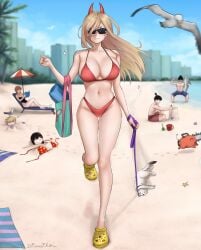 3girls beach beam_(chainsaw_man) big_ass big_breasts bikini blonde_hair casual chainsaw_man crocs demon_girl demon_horns denji_(chainsaw_man) dismaiden female hayakawa_aki higashiyama_kobeni makima_(chainsaw_man) mappa meowy_(chainsaw_man) pochita_(chainsaw_man) power_(chainsaw_man) thick_thighs wet