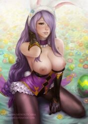 1girls 2010s 2017 alternate_costume animal_ears areola areolae artist_name artist_signature bare_shoulders big_breasts black_gloves blush blushing_at_viewer breasts breasts_out bunny_ears bunny_girl bunny_tail bunnysuit camilla_(fire_emblem) camilla_(spring)_(fire_emblem) choker cleavage easter easter_egg easter_eggs elbow_gloves female female_only fire_emblem fire_emblem_fates fire_emblem_heroes flower flower_petals flowers frilled_choker frilled_skirt frills gold_trim hair hair_over_one_eye hand_in_hair hand_on_neck hartman_hips hi_res high-angle_view high_resolution highres kneeling leggings legs legwear leotard leotard_down leotard_pull long_hair looking_at_viewer looking_up looking_up_at_viewer mirco_cabbia nintendo official_alternate_costume on_knees open_mouth parted_lips partially_clothed_female partially_nude partially_undressed patreon patreon_reward patreon_username perky_breasts purple_choker purple_eyes purple_hair sciamano240 smile smiling_at_viewer solo tight_clothes tight_clothing tight_leotard tights very_long_hair