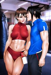 1boy 1boy1girl 1girls ass athletic athletic_female athletic_male biting_own_lip black_hair breasts brown_eyes brown_hair capcom clothed crossover female gym gym_clothes headband lip_biting looking_at_another naruto naruto_(series) r3ydart sakura_kasugano sasuke_uchiha short_hair short_shorts shorts street_fighter tomboy very_short_hair workout_clothes