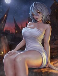 1girls 2010s 2019 alternate_version_available arm_support artist_name artist_signature ass bangs bangs_between_eyes bare_arms bare_legs bare_shoulders bare_thighs big_breasts breasts code_vein female female_only grey_hair hair_between_eyes hand_on_thigh hartman_hips hi_res high_resolution highres hips hourglass_figure io_(code_vein) looking_at_viewer looking_to_the_side mirco_cabbia naked_towel open_mouth outdoors parted_lips patreon patreon_reward patreon_username pinup sciamano240 short_hair shoulder_length_hair sitting sole_female solo solo_female solo_focus surprised surprised_expression thick thick_thighs thighs thunder_thighs thunderthighs towel towel_only towel_wrap video_game video_game_character video_games white_hair white_skin white_towel wide_hips yellow_eyes