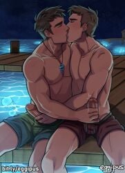 2boys alex_(stardew_valley) boxers_(clothing) dock eggipus farmer_(stardew_valley) gay handjob jellyfish jerkingoff_another kissing lake male/male male_only muscular muscular_male necklace night_sky ocean outdoor_sex outdoors penis_out pool shirtless_(male) stardew_valley yaoi