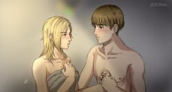 1boy 1girls annie_leonhardt armin_arlert attack_on_titan blonde_couple blonde_female blonde_female/blonde_male blonde_hair blonde_hair_male blue_eyes blush covering_breasts female hair_down holding_hands male/female nude romantic scrise shingeki_no_kyojin straight untied_hair wedding_ring