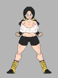 1girls 2022 black_hair blue_eyes clothing dragon_ball dragon_ball_z female female_only grey_background large_ass large_breasts midriff narrow_waist open_mouth rickert_kai see-through see-through_clothing shounen_jump simple_background slim_waist smile solo solo_female straight_hair sweat sweatdrop thick_thighs tongue twintails videl wide_hips