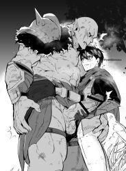 2boys ass_grab big_penis gay handjob huge_cock human_male interspecies knight light-skinned_male light_skin male male/male male_only orc orc_male outdoors size_difference yamito