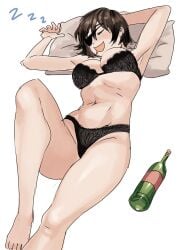 armpits barefoot bed beer_bottle big_ass big_breasts black_lingerie black_panties chainsaw_man eyepatch feet female female_only hanny_(uirusu_chan) himeno_(chainsaw_man) lace lace-trimmed_panties lace_panties light-skinned_female lingerie mappa panties pillow sleeping uirusu_chan underwear zzz