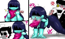 2022 2boys ?! androgynous big_head blush bulge bulge_through_clothing deltarune deltarune_chapter_2 digital_media_(artwork) dildo duo enigi09 enjoying erection gay gloves human kris_(deltarune) long_nose male male_only non-human open_mouth sex_toy skinny smaller_dominant spamton_g_spamton surprised toony yaoi young