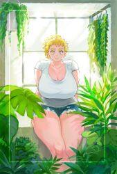 :3 bbw big_breasts blonde_hair cleavage curvy denim_shorts detailed_background female female_only fully_clothed genderswap_(mtf) green_eyes huge_breasts kengan_(series) kengan_ashura looking_at_viewer overweight overweight_female plump ponytail rihito rule_63 short_shorts shorts sitting slightly_chubby smile solo thehounds thick_eyebrows thick_thighs wide_hips window