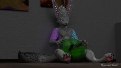 absurd_res ambiguous_gender anthro bioluminescence blue_markings duo ears_up fur glowing glowing_eyes goo_creature green_slime grey_body grey_fur hi_res leaning_against_wall looking_at_slime male markings noah-the-husker one_eye_closed paws penis_in_slime purple_markings rexouium sittin_down slime_penetrated white_body white_fur