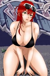 big_breasts bikini_top breasts glasses goddess_of_victory:_nikke gold_eyes graffiti no_panties noir-black-shooter red_hair sunglasses_on_head volume_(nikke) yellow_eyes