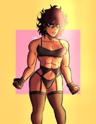 absolute_territory beauty_mark blue_eyes bra breasts brown_hair brown_skin choker chromexorannex cleavage coco_joestar garter_belt lingerie mole muscular muscular_female original_character ourobouro panties thighhighs thighs toned_female