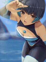 1girls absurd_res armpits bare_shoulders blue_hair blue_swimsuit blush breasts brown_eyes cleavage core_crystal curvy curvy_female curvy_figure dark_skin detached_sleeves female fiery_hair highres hourglass_figure leaning_forward long_sleeves looking_at_viewer nintendo one-piece_swimsuit open_mouth oyasu_(kinakoyamamori) ponytail sena_(xenoblade) short_hair side_ponytail small_breasts smile solo swimsuit thick_thighs thighhighs thighs voluptuous wide_hips xenoblade_(series) xenoblade_chronicles_3