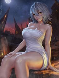 1girls 2010s 2019 alternate_version_available arm_support artist_name artist_signature ass bangs bangs_between_eyes bare_arms bare_legs bare_shoulders bare_thighs big_breasts breasts code_vein female female_only grey_hair hair_between_eyes hand_on_thigh hartman_hips hi_res high_resolution highres hips hourglass_figure io_(code_vein) looking_at_viewer looking_to_the_side mirco_cabbia naked_towel outdoors patreon patreon_reward patreon_username pinup sciamano240 short_hair shoulder_length_hair sitting smile smiling smiling_at_viewer sole_female solo solo_female solo_focus thick thick_thighs thighs thunder_thighs thunderthighs towel towel_only towel_wrap video_game video_game_character video_games white_hair white_skin white_towel wide_hips yellow_eyes