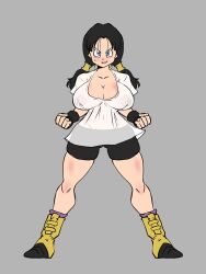 1girls 2022 black_hair blue_eyes clothing dragon_ball dragon_ball_z female female_only grey_background large_ass large_breasts narrow_waist open_mouth rickert_kai see-through see-through_clothing shounen_jump simple_background slim_waist smile solo solo_female straight_hair sweat sweatdrop thick_thighs tight_clothing tongue twintails videl wide_hips