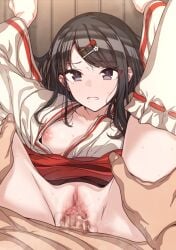 1boy black_hair blush breasts censored erere exposed_breasts female hair_ornament hairclip idolmaster idolmaster_shiny_colors japanese_clothes kazano_hiori long_hair looking_at_viewer miko miko_outfit mole mole_under_mouth mosaic_censoring nipples one_breast_out open_clothes open_shirt parted_lips penis piledriver_position pov purple_eyes pussy rape sex straight sweat tears thighhighs vaginal_penetration white_thighhighs