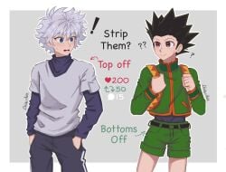 2boys ? absurd_res blush blushing christyartist confused confused_look gon_freecss hi_res hunter_x_hunter killua_zoldyck looking_at_partner male male/male male_focus male_only sfw shocked shocked_expression strip_game teen_boy yaoi