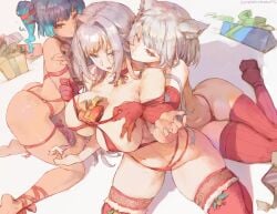 3girls absurd_res ass ass_cleavage blue_eyes blue_hair blush braid breast_size_difference breasts bubble_butt butt_crack cat_ears catgirl christmas christmas_present cleavage cutesexyrobutts dominant dominant_female embarrassed ethel_(xenoblade) female female_only femdom femsub grin hartman_hips highres huge_breasts kemonomimi large_ass large_breasts light-skinned_female light_skin lingerie long_hair mio_(xenoblade) multiple_doms multiple_doms_one_sub multiple_girls nintendo nipples present ribbon ribbon_in_hair sena_(xenoblade) short_hair side_ponytail silver_hair smile submissive submissive_female tan tan-skinned_female tanned_skin thick_thighs thighhighs very_long_hair white_hair wide_hips xenoblade_(series) xenoblade_chronicles_3 yuri