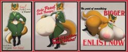 1girls anthro asaneman ass_expansion big_breasts breast_expansion digestion english_text female fox furry glasses hi_res high_heels implied_vore large_breasts lt._fox_vixen military_uniform nipples post_vore poster propaganda same_size_vore scarf sequence squirrel_and_hedgehog tagme thick_thighs thigh_expansion unseen_character vore weight_gain