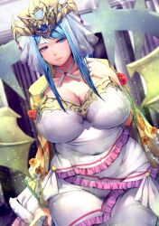 1girls blue_eyes blue_hair breasts cleavage clothed_female colored covered_navel crown dress female fire_emblem fire_emblem_engage flower harihisa headdress highres hourglass_figure jewelry large_breasts long_hair lumera_(fire_emblem) mature_female milf navel nintendo plump purple_eyes red_eyes ribbon rose shaded solo tight_clothing veil white_ribbon wide_hips