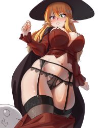 1girls ajidot blonde_hair breasts cape clothes_down elf garter_straps green_eye hat heterochromia large_breasts light-skinned_female light_skin lingerie navel original panties plump pointy_ears red_eye thick_thighs thighhighs wardrobe_malfunction wide_hips witch_hat