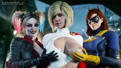 3d 3girls batgirl batgirl_(gotham_knights) batman_(series) big_breasts blender blonde_hair blue_eyes breasts curvy cute dc dc_comics gotham_knights harley_quinn harley_quinn_(injustice) huge_breasts injustice_2 karen_starr lactation large_breasts milk milk_squirt power_girl power_girl_(injustice) redtemple seductive superman_(series)