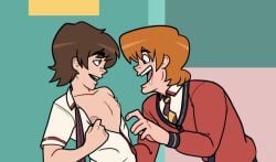 2boys brown_eyes brown_hair drool_on_face drooling fraternity freckles fully_clothed_male gay ginger_hair green_eyes lad luckylui lukyan male_only nicholas nipples non-nude oc original_characters teasing unbuttoned_shirt uniform