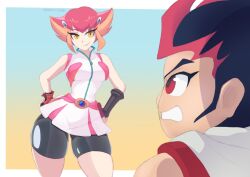 1boy 1girls angry anna_kozuki clothing female medium_breasts short_hair shorts skirt smug tagme tomboy wonster-chan yu-gi-oh! yu-gi-oh!_zexal yuma_tsukumo