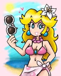 bikini bikini_bottom bikini_top blonde_hair blue_eyes breasts cleavage eyewear_removed female flower_garland flower_in_hair garland glasses heart long_hair mario_(series) navel nintendo pink_bikini pink_bikini_bottom pink_bikini_top princess_peach sun sunglasses sunglasses_removed super_mario_odyssey uznhoj