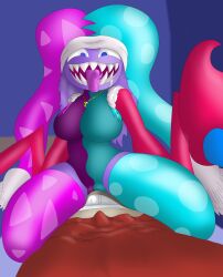 absurd_res breasts clothing clown demon footwear hi_res jester marx on_top rule_63 sharp_teeth socks teeth thick thick_thighs thighs