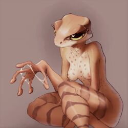 ambiguous_fluids amphibian anthro big_eyes bluekiwi101 bodily_fluids breasts brown_body brown_skin female frog hi_res long_fingers nipples non-mammal_breasts non-mammal_nipples nude simple_background small_breasts smile solo