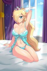 1girls armpits babydoll big_breasts blonde_hair blue_eyes blue_lingerie breasts cleavage cogbrony female female_only hair_over_one_eye large_breasts lingerie mario_(series) navel nintendo panties princess_rosalina super_mario_galaxy very_long_hair wide_hips