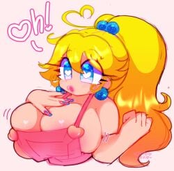 1girls bimboneko blue_eyes crown earrings female female_only heart heart-shaped_pupils lipstick mario_(series) nail_polish naked_overalls overalls overflowing_breasts princess_peach solo surprised yellow_hair