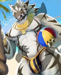 abs anthro ball beach beach_ball blush bulge bulge_grab canid canine canis duo faceless_character faceless_male gold_(metal) gold_earring gold_jewelry grabbing_from_behind hi_res inflatable jackal jewelry lifewonders male male_only mammal muscular muscular_male nukochi palm_tree pecs plant seaside seth_(tokyo_afterschool_summoners) tokyo_afterschool_summoners tree video_games