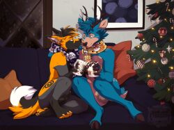 2boys anthro antlers arthur_cordi balls black_fur blue_fur canid canine capreoline christmas christmas_lights christmas_tree claws coffee_mug couch cross_fox cuddling cushion dden009 deer denden duo fingers fooster fox furniture hi_res holidays hooved_fingers hooves horn male male/male mammal mug nude orange_fur penis plant red_fox scarf snow sofa two_tone_fur white-tailed_deer yaoi