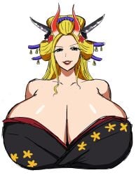 black_maria blonde_hair blue_eyes female female_only geisha hair_ornament horn horns huge_breasts massive_breasts momiji_(artist) one_piece