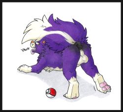 2021 3_toes anus ass backsack balls barefoot black_anus black_body black_border black_fur border cheek_tuft claws countershade_torso countershading danwolf15 digitigrade english_text facial_tuft feet feral fluffy fluffy_tail fur generation_4_pokemon genitals gloves_(marking) leg_markings looking_at_viewer looking_back male markings nintendo nude open_mouth orange_nose pawpads paws pink_pawpads pink_tongue pokémon_(species) pokeball pokemon pokemon_(species) presenting presenting_hindquarters pupils purple_body purple_fur raised_tail simple_background skuntank slit_pupils socks_(marking) solo species_transformation stretching text toe_claws toe_curl toes tongue tongue_out transformation tuft udtf video_games whiskers white_background white_body white_claws white_fur yawn