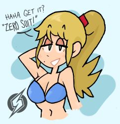 1girls bedroom_eyes bikini blonde_hair blue_bikini breasts cartoony cleavage english_text eyebrows_visible_through_hair female female_only half-closed_eyes hand_behind_head light-skinned_female light_skin looking_at_viewer metroid nintendo ponytail samus_aran smile smiling smiling_at_viewer solo symbol text tied_hair upper_body uznhoj zero_suit_samus