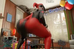 1girls 3d alternate_version_available ass ass_shake balloon batman:_arkham_knight batman_(series) big_ass birthday_party dc dc_comics english_text female female_only harley_quinn harley_quinn_(classic) harley_quinn_(injustice) injustice_2 motion_blur smitty34 solo tagme twerk twerking