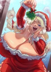 1girls big_breasts blonde_hair blue_eyes breasts christmas eigaka female female_only half-closed_eyes huge_breasts large_breasts light-skinned_female light_skin long_hair mature_female milf mistletoe mrs._claus santa_hat solo twin_braids venus_body visible_breath voluptuous