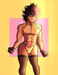 absolute_territory beauty_mark bikini blue_eyes brown_hair brown_skin chromexorannex coco_joestar mole muscular muscular_female original_character ourobouro swimsuit thighhighs thighs toned_female two_piece_swimsuit